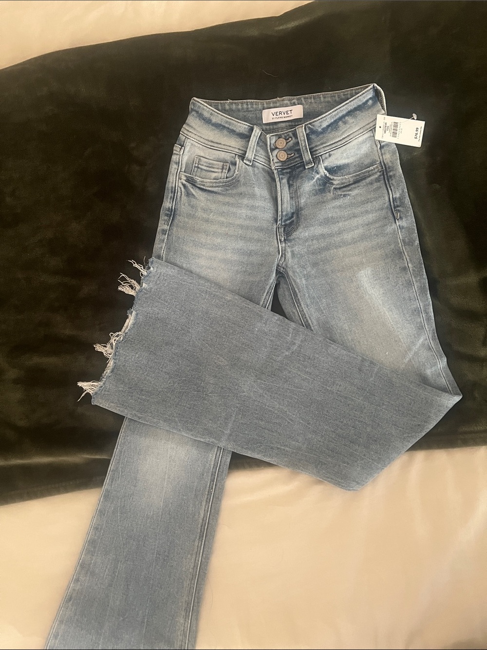 Vervet High-Rise Light Blue Flare Jeans with Raw Hem